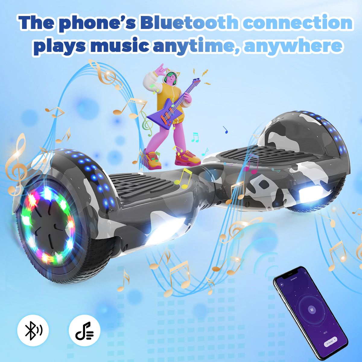 Hoverboard w kamuflażu z osobą grającą na gitarze. Nuty, telefon i ikona sterowania.