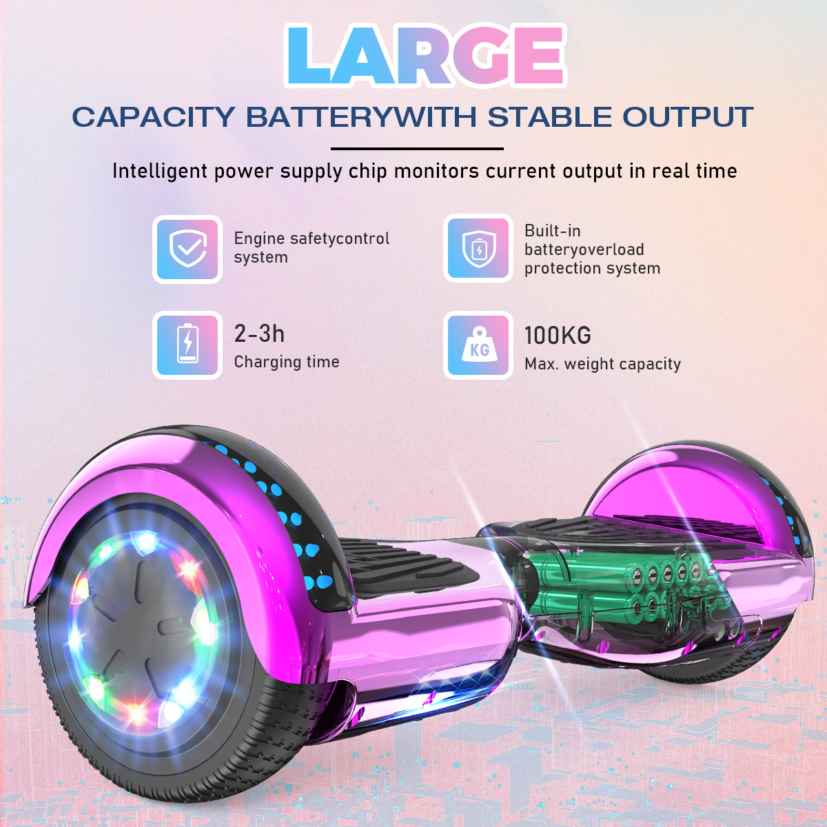 Hoverboard rosa y negro con pantalla digital que muestra velocidad, batería y tiempo de carga.