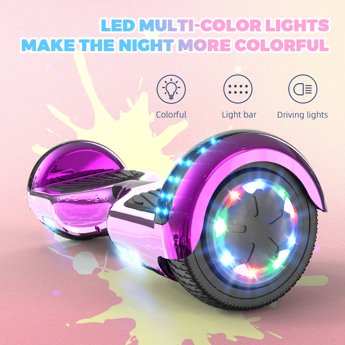 Un hoverboard rosa con luces LED. Diseño colorido.