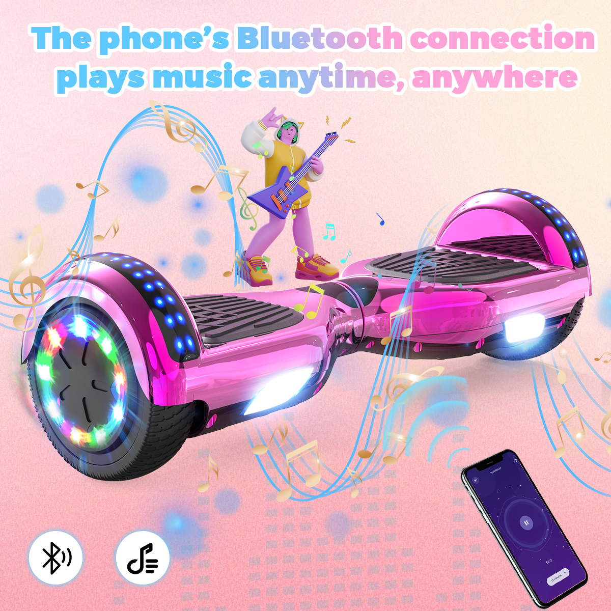Un hoverboard rosa con luces, un guitarrista tocando y un teléfono que muestra controles de música.