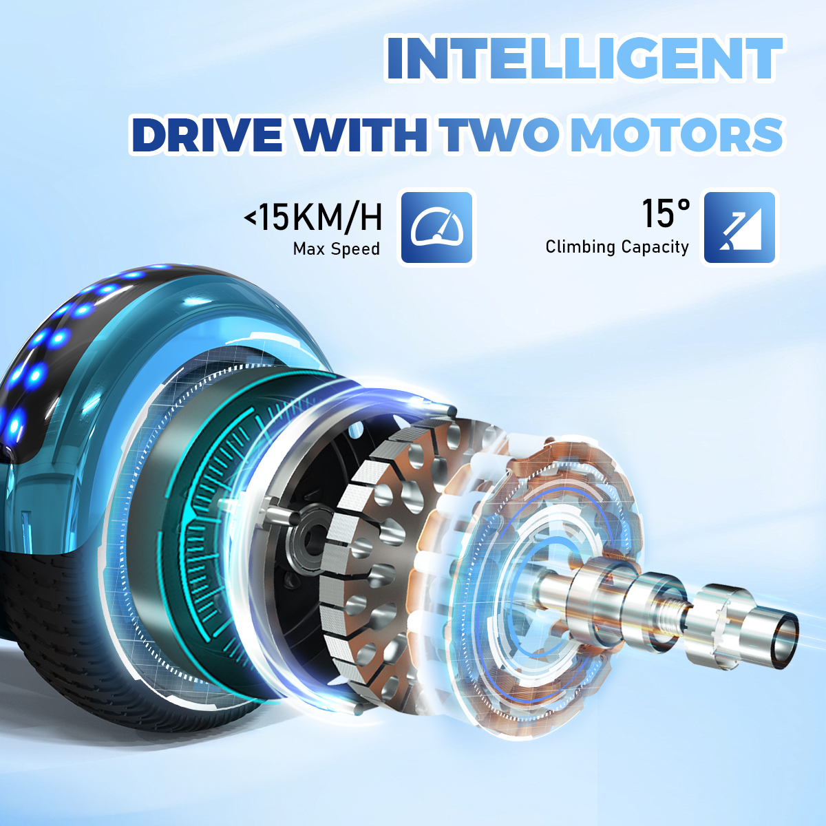 Niebiesko-srebrny skuter samobalansujący z tekstem wskazującym maksymalną prędkość i zdolność wspinania się.