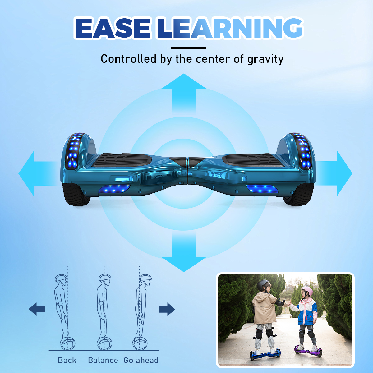 Hoverboard con dos niños en un parque. Flechas azules indican direcciones y equilibrio.