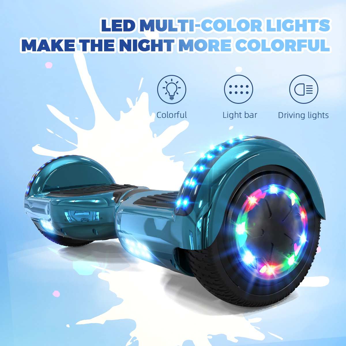 Deskorolka elektryczna w kolorze morskim ze światłami LED i napisem 'LED MULTI-COLOR LIGHTS MAKE THE NIGHT MORE COLORFUL'.