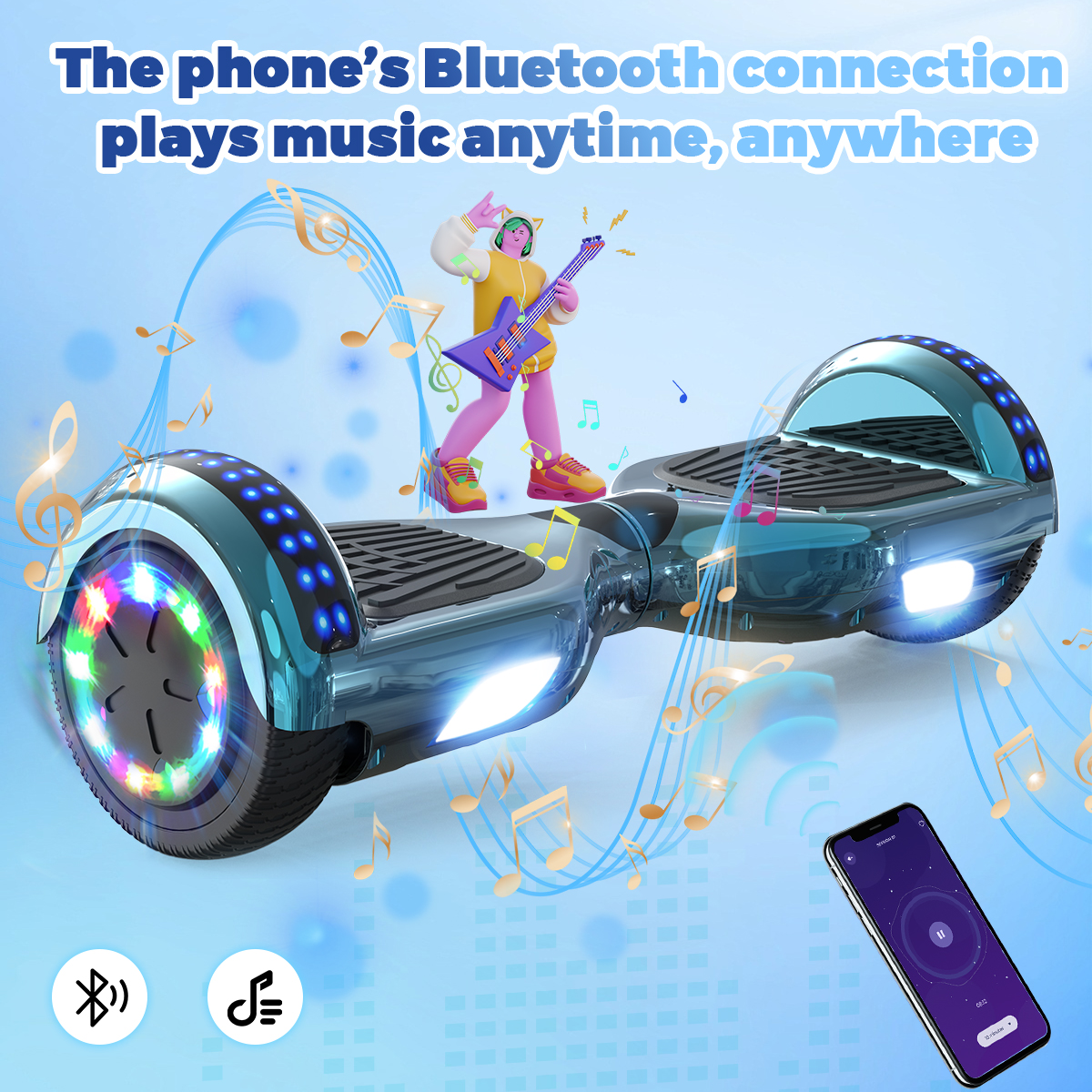 Osoba na hoverboardzie z nutami. Widoczny telefon z aplikacją muzyczną.