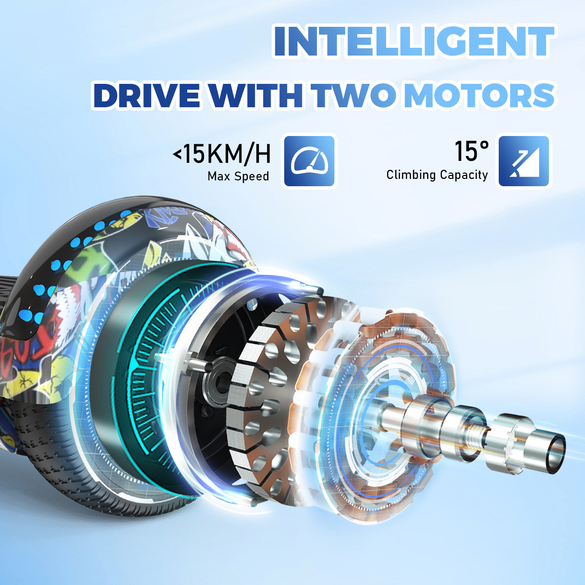 Zbliżenie na hoverboard z dwoma silnikami i specyfikacjami.