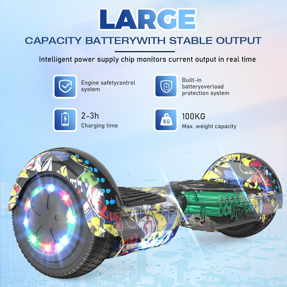 Hoverboard z graffiti na niebieskim tle. Tekst: Akumulator o dużej pojemności ze stabilnym wyjściem.