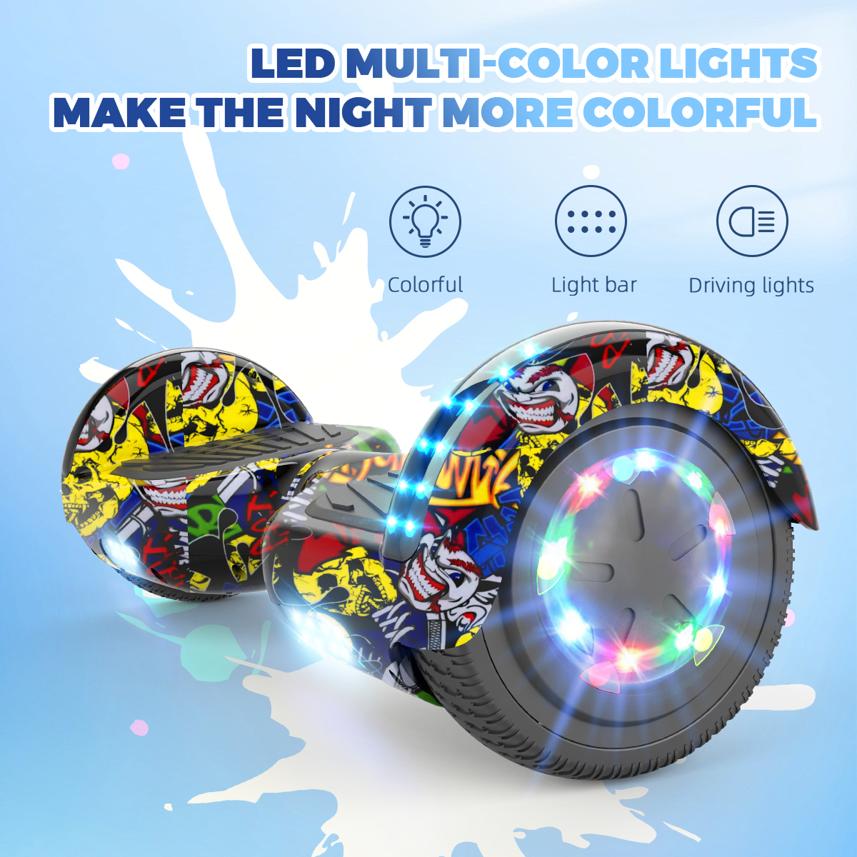 Hoverboard z kolorowymi światłami. Koła i boki mają wiele kolorów. Niebieskie tło.