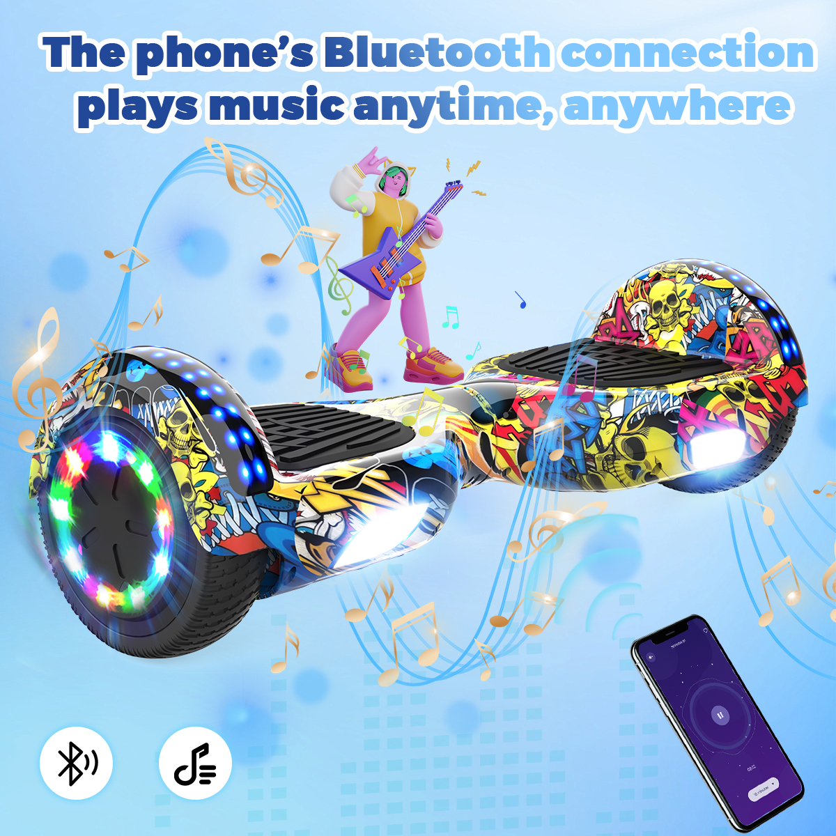 Howerboard z kolorowymi światłami, osoba grająca na gitarze i telefon wyświetlający elementy sterowania muzyką.