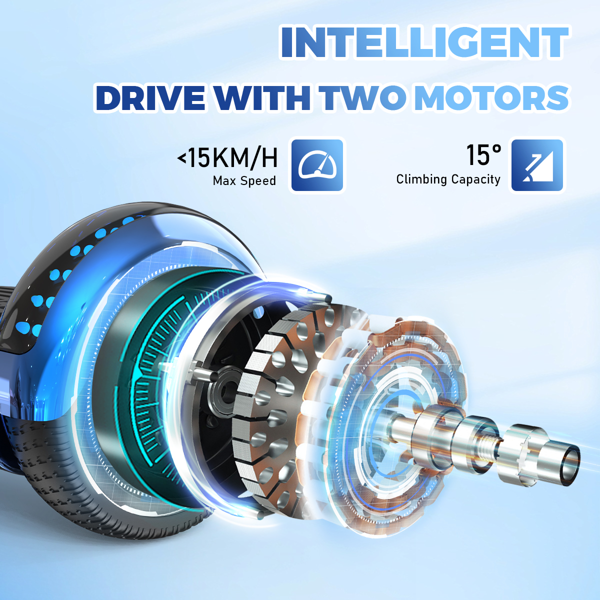 Elektryczny monocykl ze szczegółowym widokiem elementów wewnętrznych i niebieskim tłem.