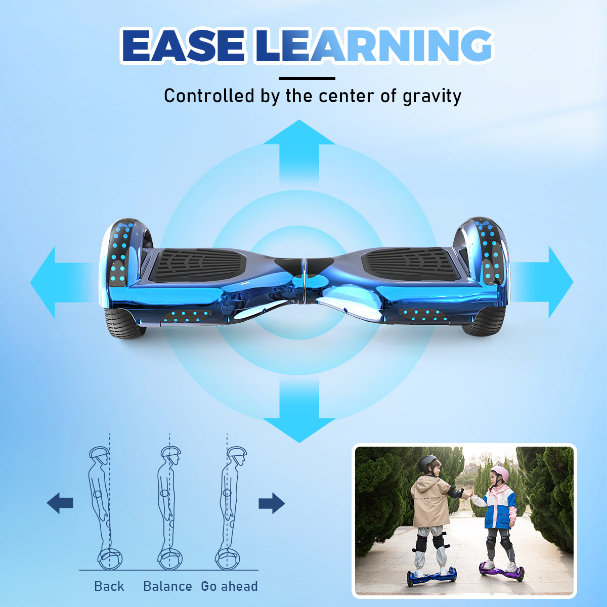 Niebieska deskorolka z strzałkami i dziećmi. Tekst: Łatwa nauka, kontrolowana grawitacją.