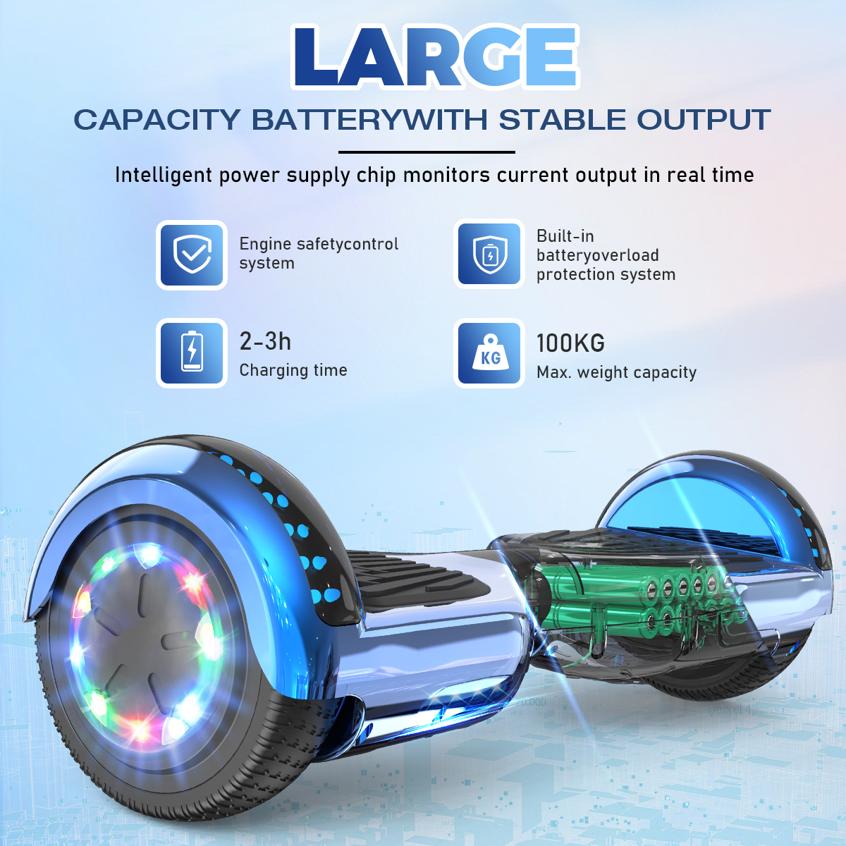 Niebieski hoverboard ze światłami i specyfikacjami. Tekst pokazuje czas ładowania, pojemność baterii i funkcje bezpieczeństwa.