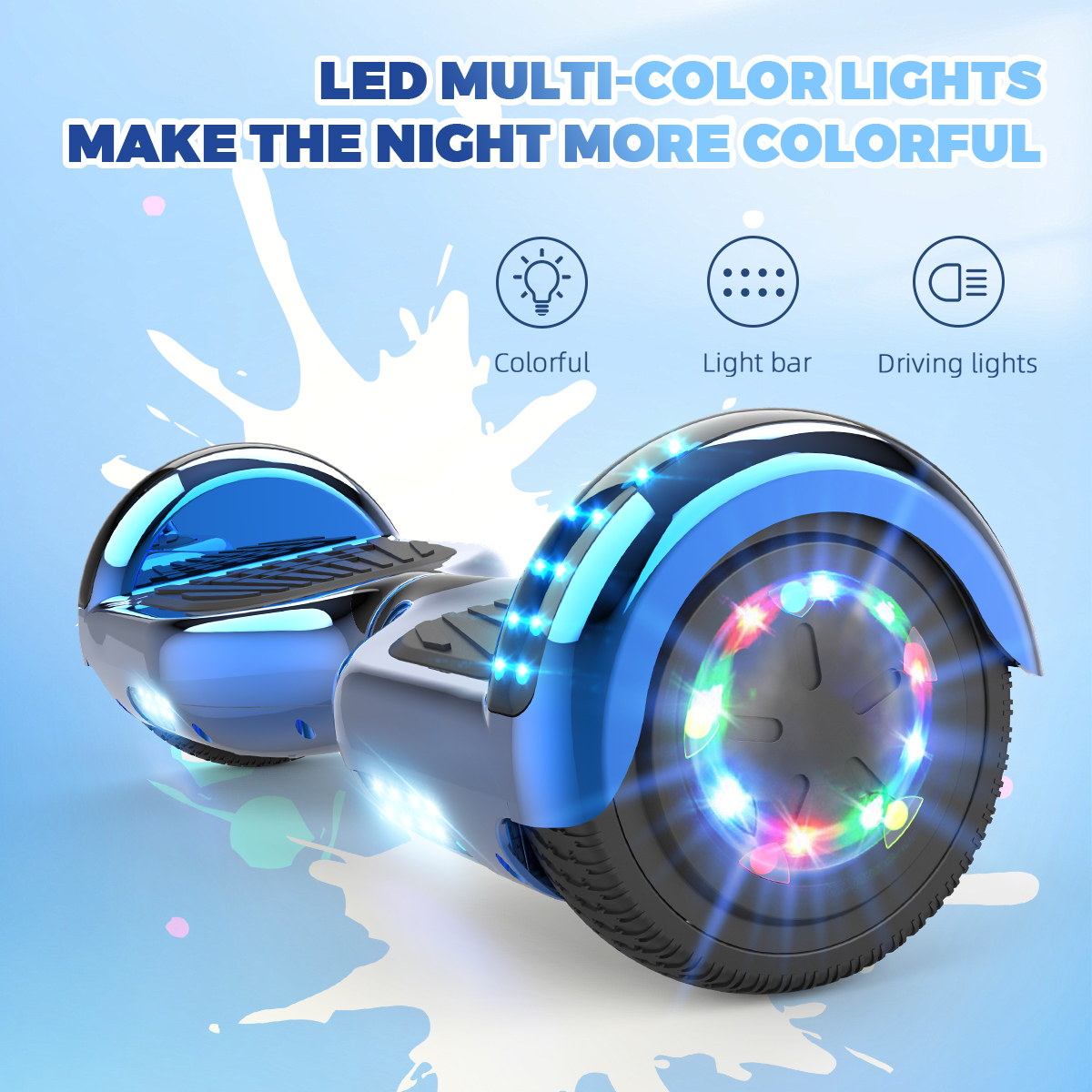 Niebieska deska hoverboard z wielokolorowymi diodami LED, ikonami i tekstem na białym tle.