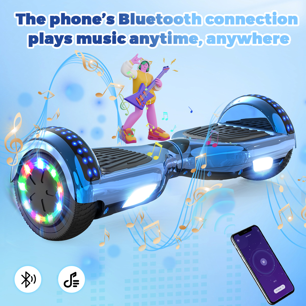 Niebieska deskorolka z kolorowymi światłami, osoba grająca na gitarze i telefon z kontrolkami muzyki.