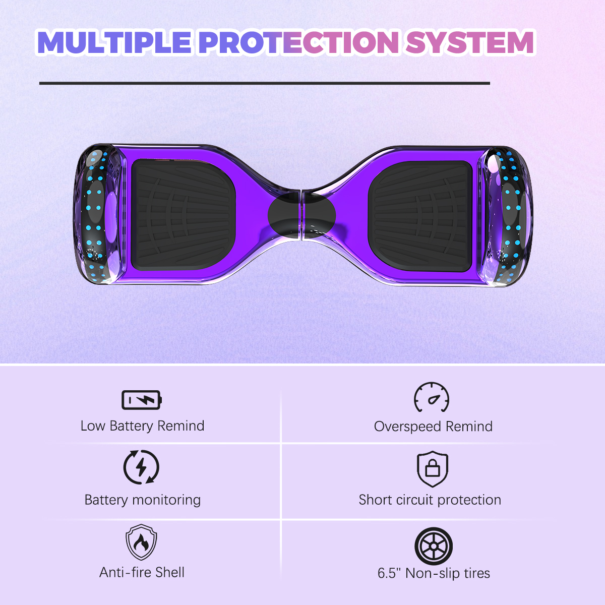 Fioletowa deskorolka z napisem 'MULTIPLE PROTECTION SYSTEM'. Zawiera ikony niskiego poziomu baterii, przekroczenia prędkości i zwarcia.