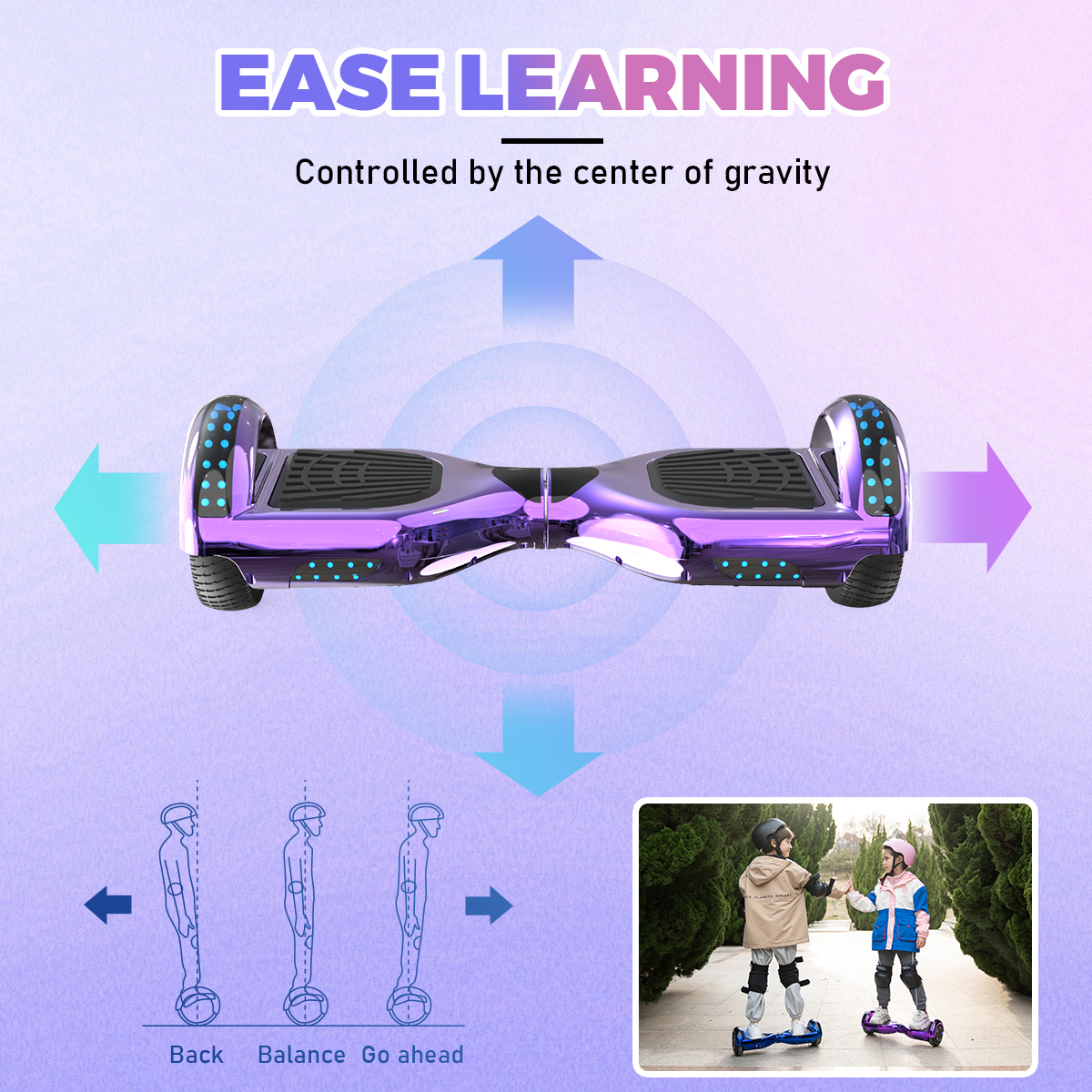 Fioletowy hoverboard ze strzałkami i schematami równowagi. Dwoje dzieci na hoverboardach.