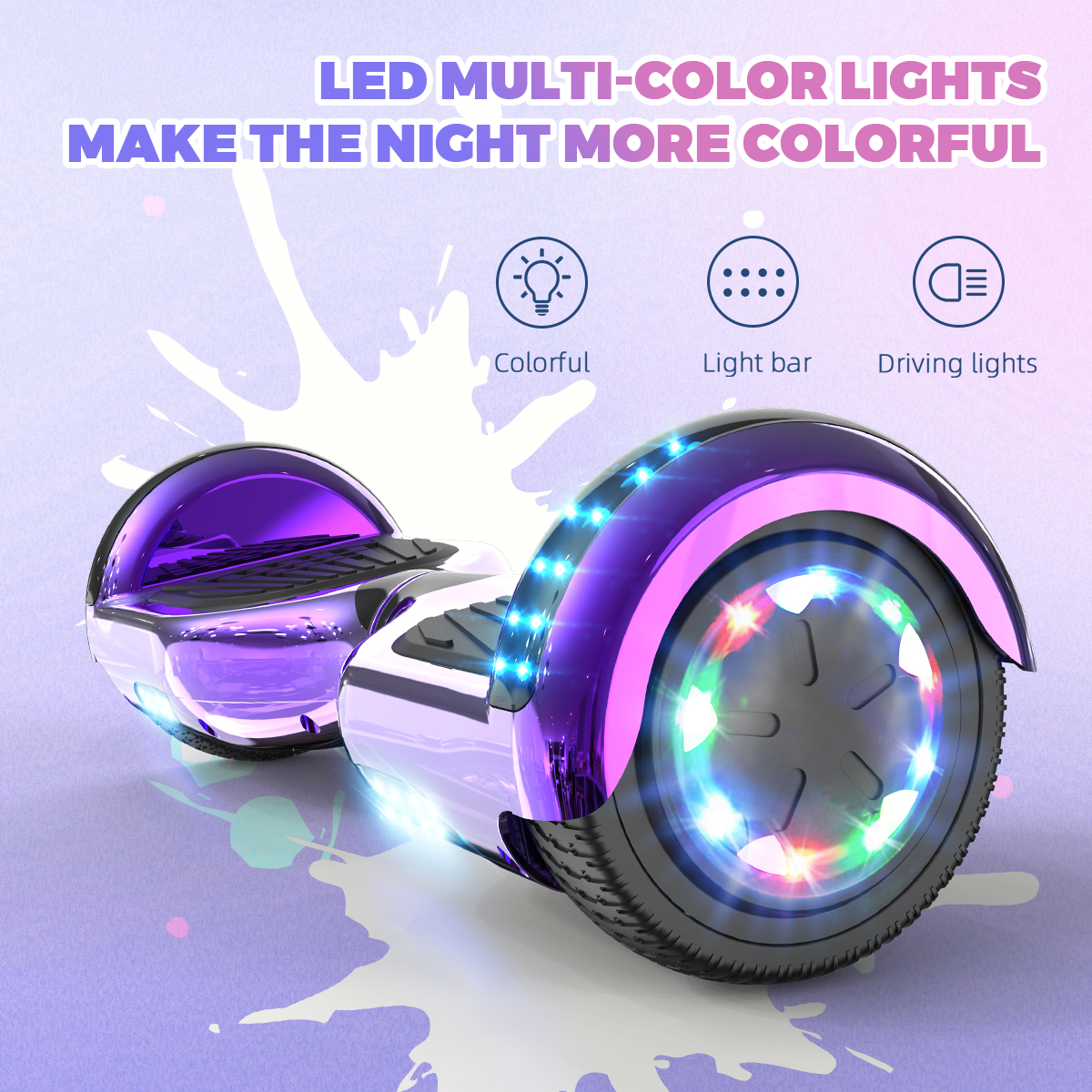 Fioletowa deskorolka elektryczna z wielokolorowymi światłami LED. Tekst: Uczyń noc bardziej kolorową.