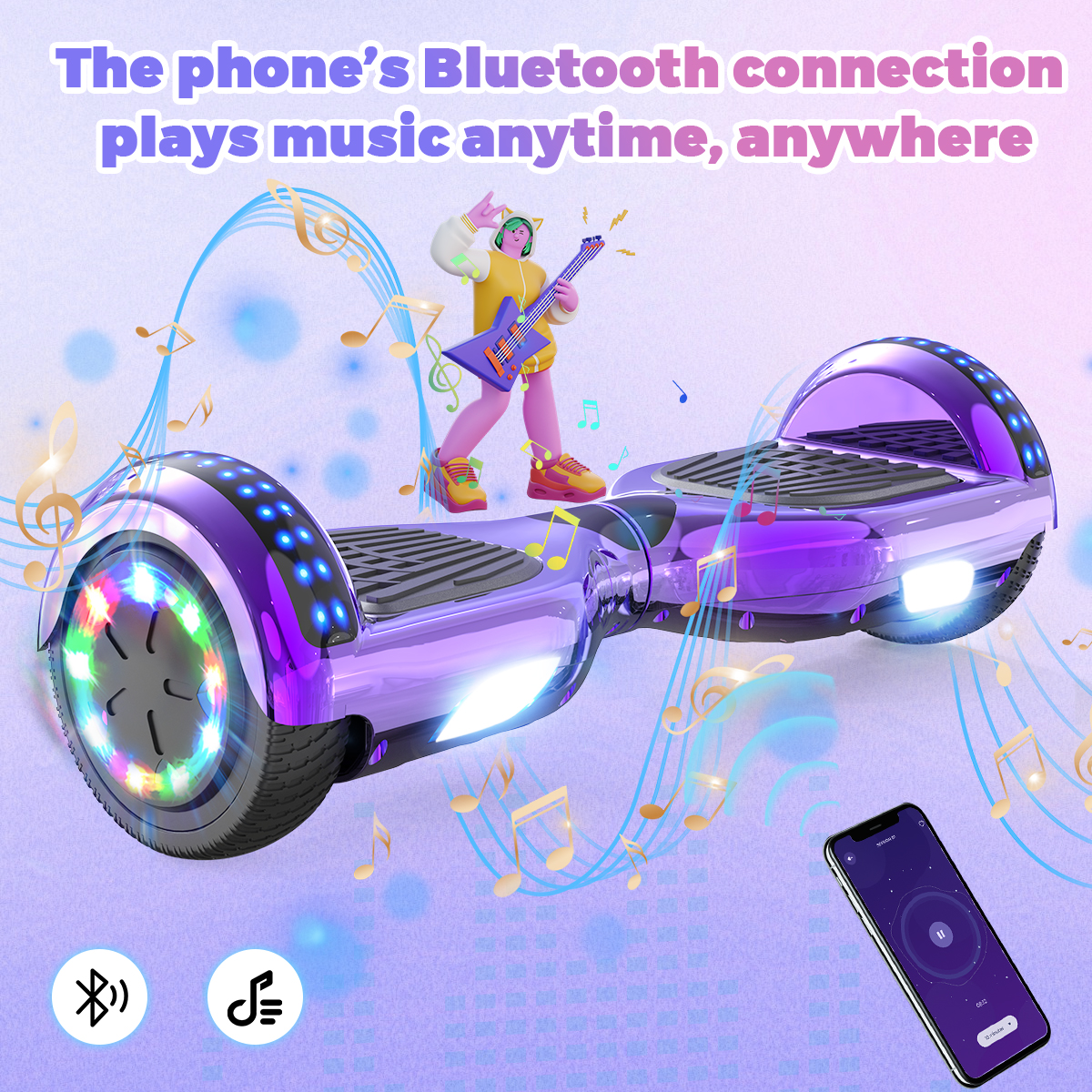 Fioletowa deskorolka z nutami i osobą grającą na gitarze, ze smartfonem z kontrolą muzyki.