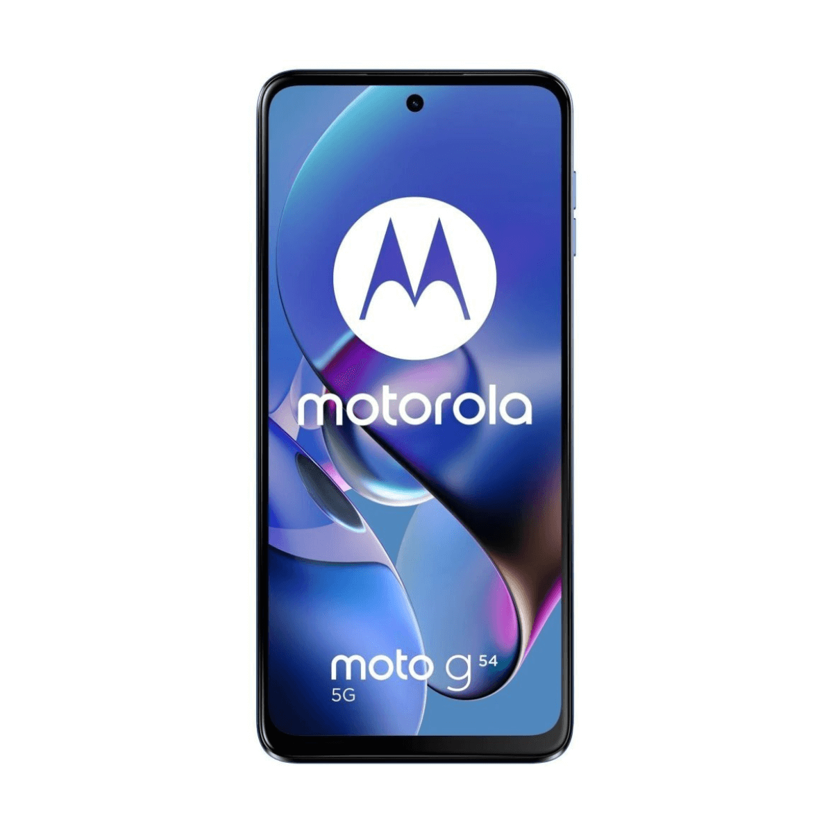 Smartfon Motorola Moto G54 5G, pokazujący swój ekran z logo Motorola.