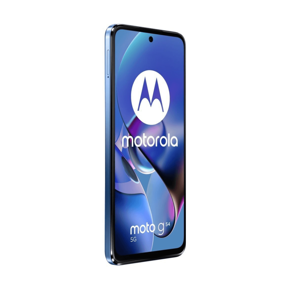 Niebieski smartfon Motorola Moto g54 5G na białym tle, widziany z perspektywy.