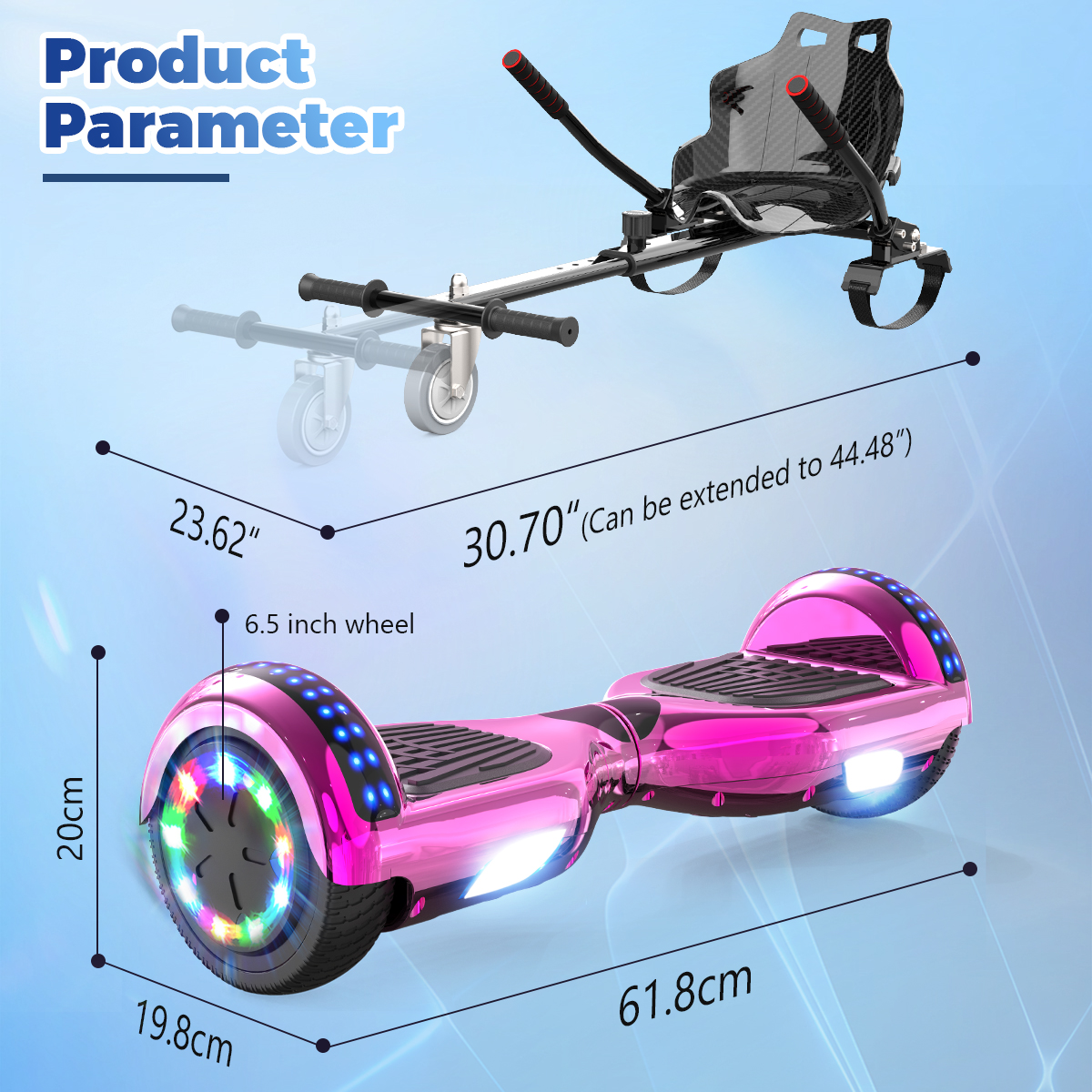 Pinkes Hoverboard mit angezeigten Abmessungen. Enthält eine Hoverboard-Cart-Kombination.