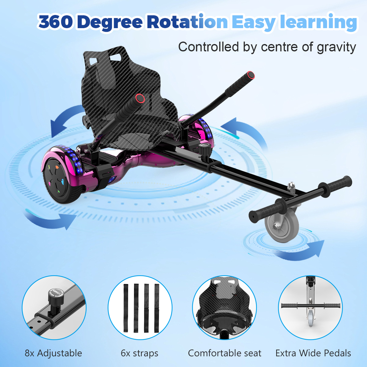 Een hoverboard met een zwarte zitting en een roze wiel. Pijlen en tekst: 360 graden rotatie, gemakkelijk leren.