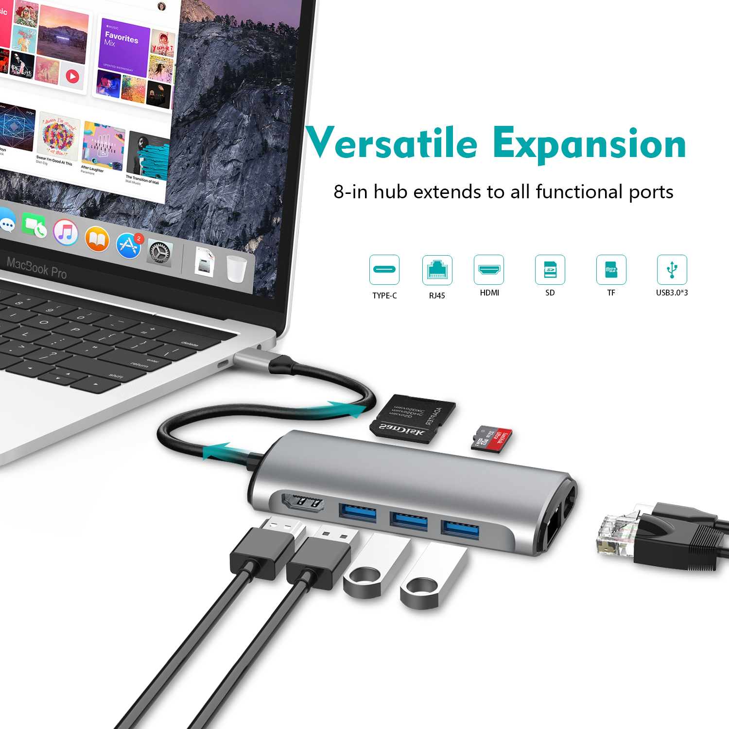 Zilveren hub met USB, HDMI en andere poorten. Een laptop, kabels en apparaten worden ook weergegeven.
