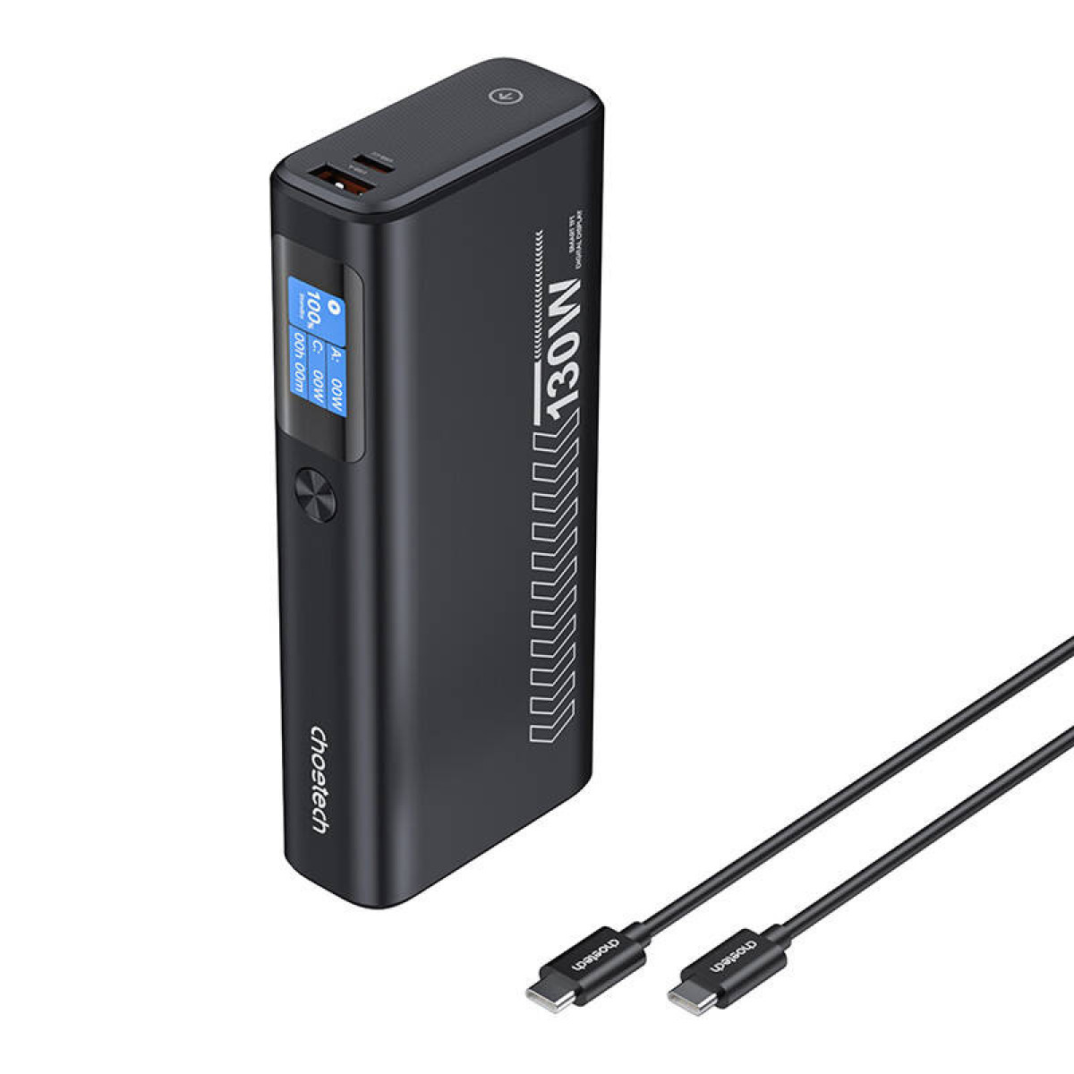 Schwarze Powerbank mit Digitalanzeige und zwei USB-Anschlüssen, mit zwei Ladekabeln.
