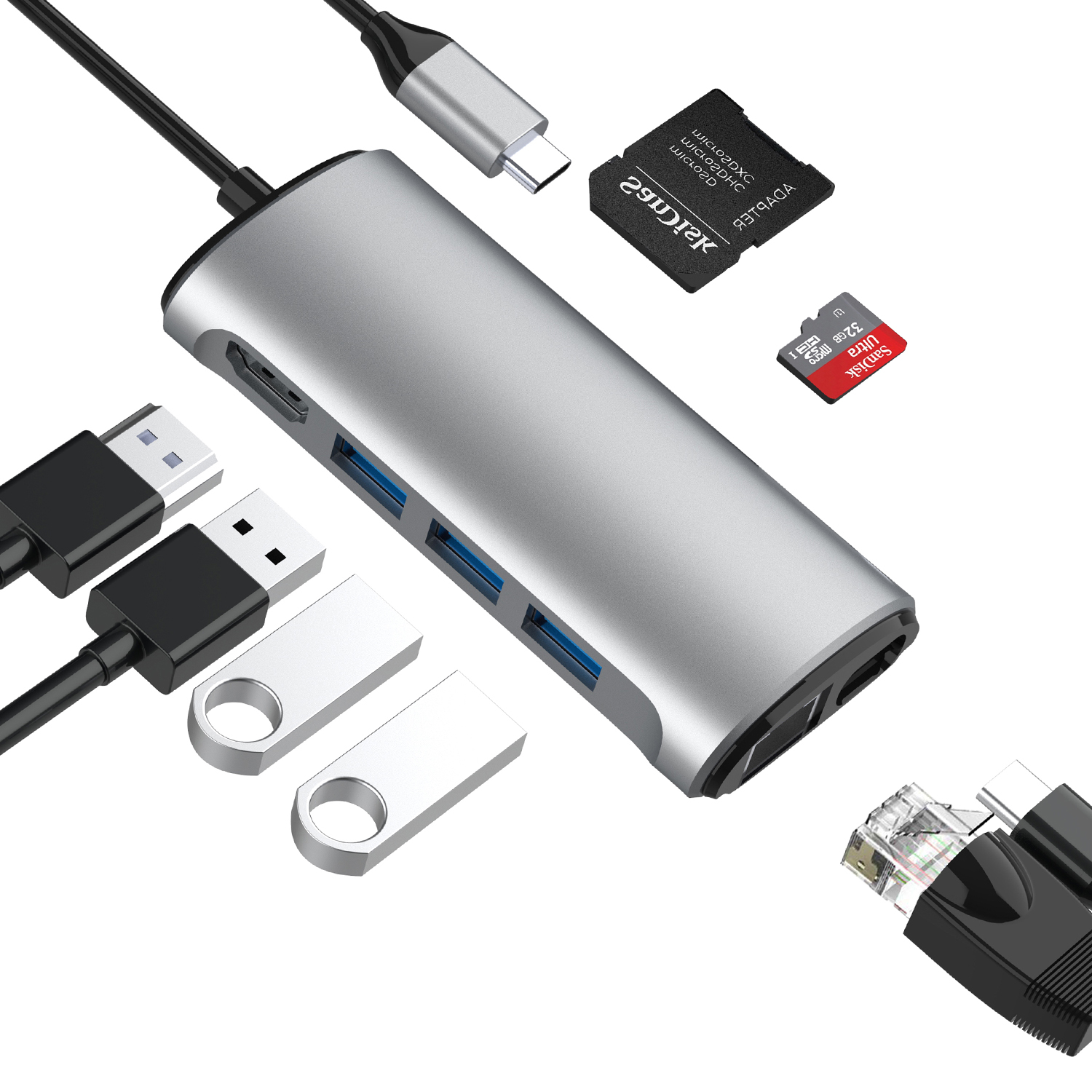 Zilveren USB-hub met kabels, USB-drives, SD-kaart en MicroSD-kaart op witte achtergrond.
