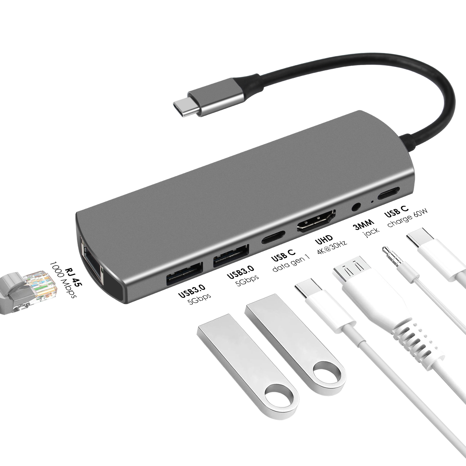 Een zilveren USB-hub met meerdere poorten en aangesloten witte USB-kabels en flash drives.