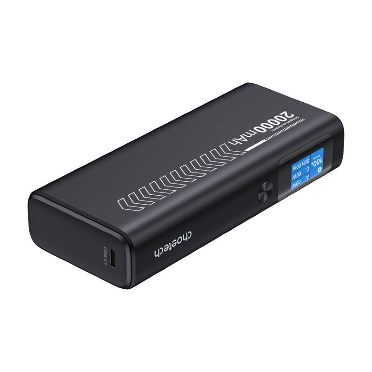 Eine schwarze Powerbank mit digitaler Anzeige. Sie zeigt den Akkustand und die Ausgangsinformationen an.