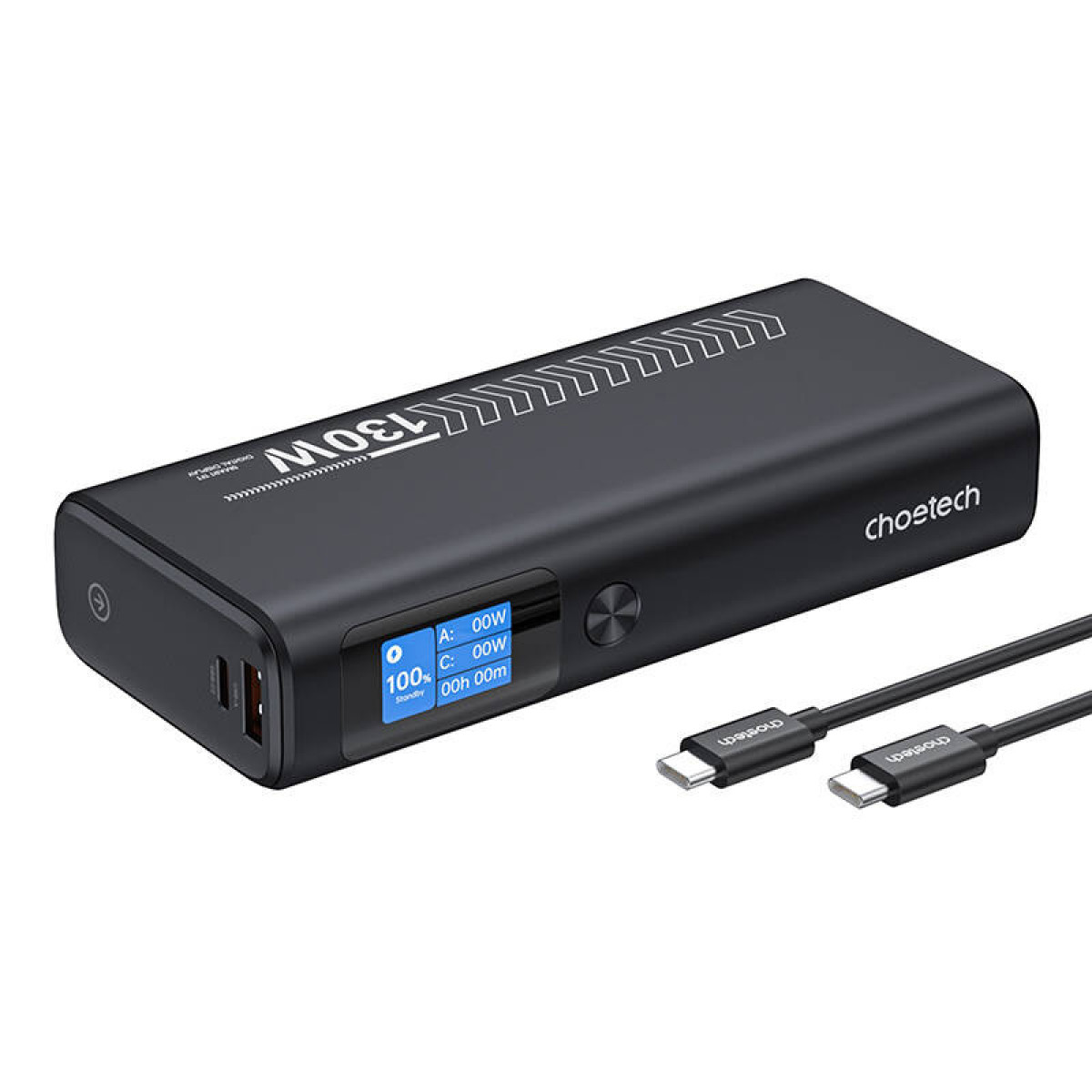 Schwarze Choetech Powerbank mit USB-Anschlüssen, einem Bildschirm und zwei USB-C-Kabeln.