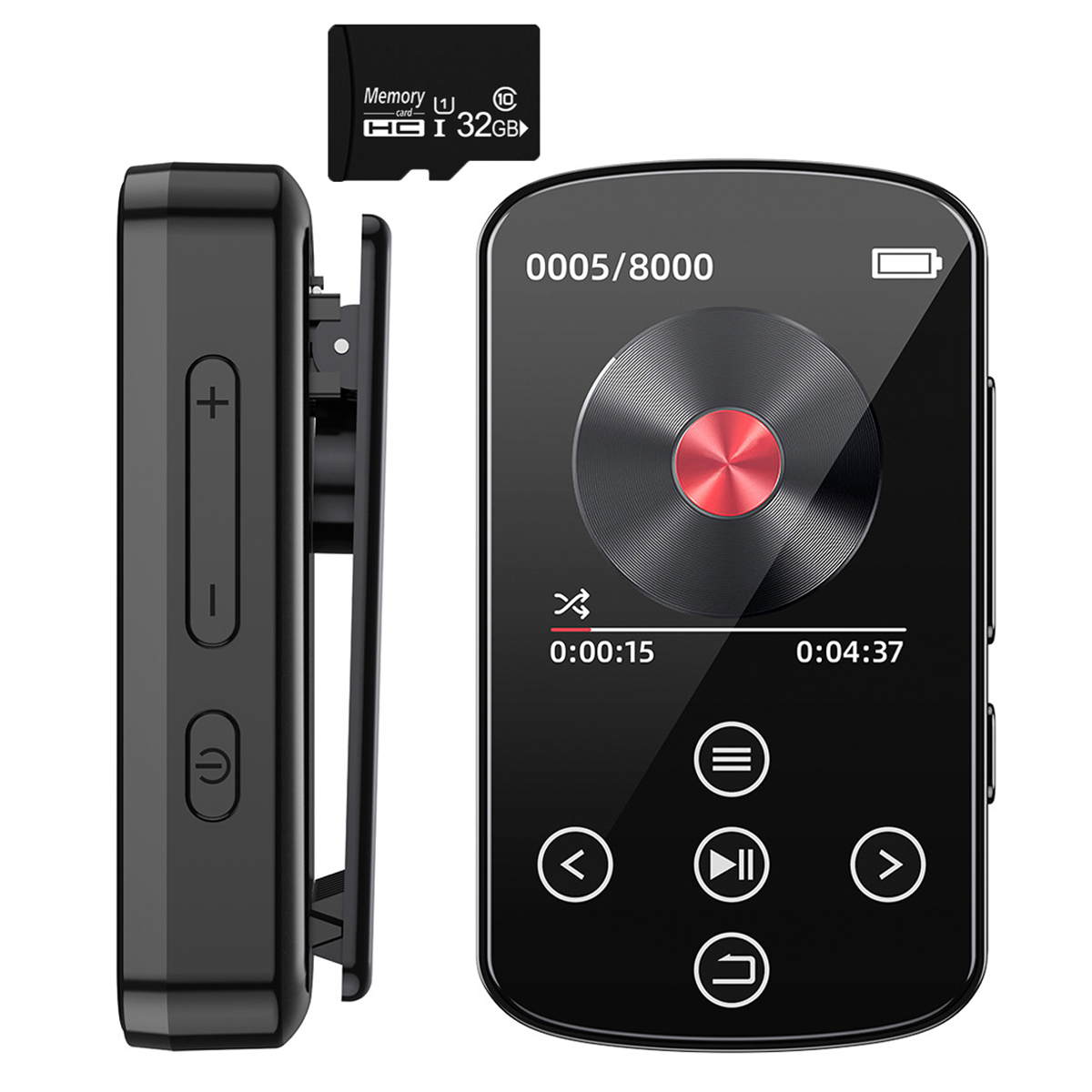Schwarzer MP3-Player mit Clip, Speicherkarte und Bildschirm mit Song-Infos. Weißer Hintergrund.