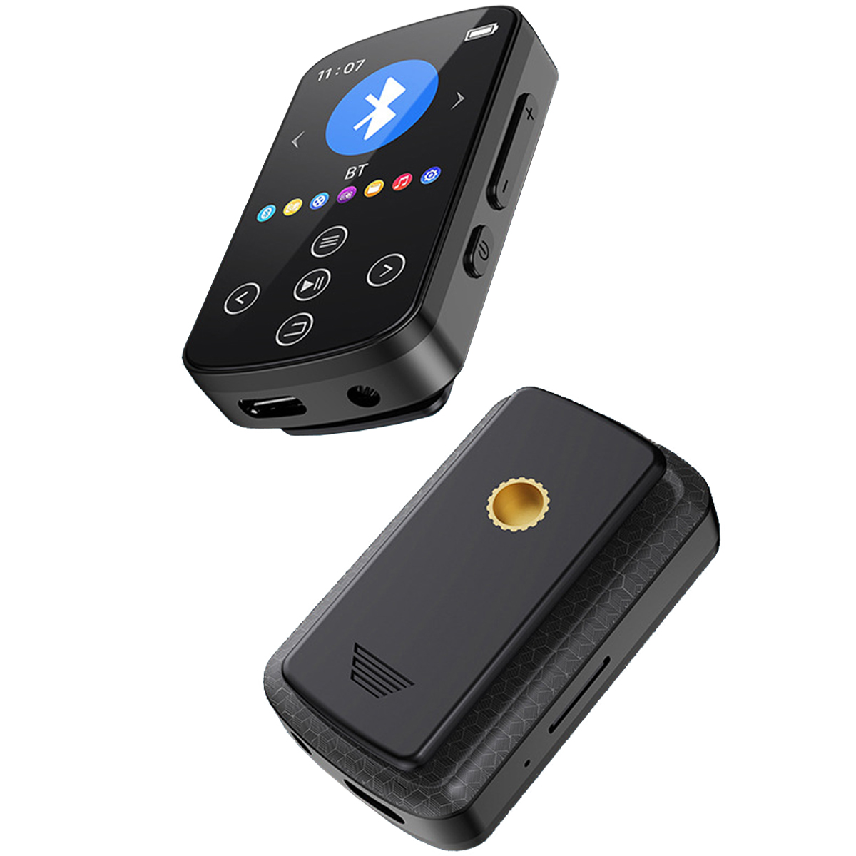 Ein schwarzer MP3-Player mit Farbdisplay. Die Rückseite hat ein strukturiertes Muster und einen goldenen Knopf.