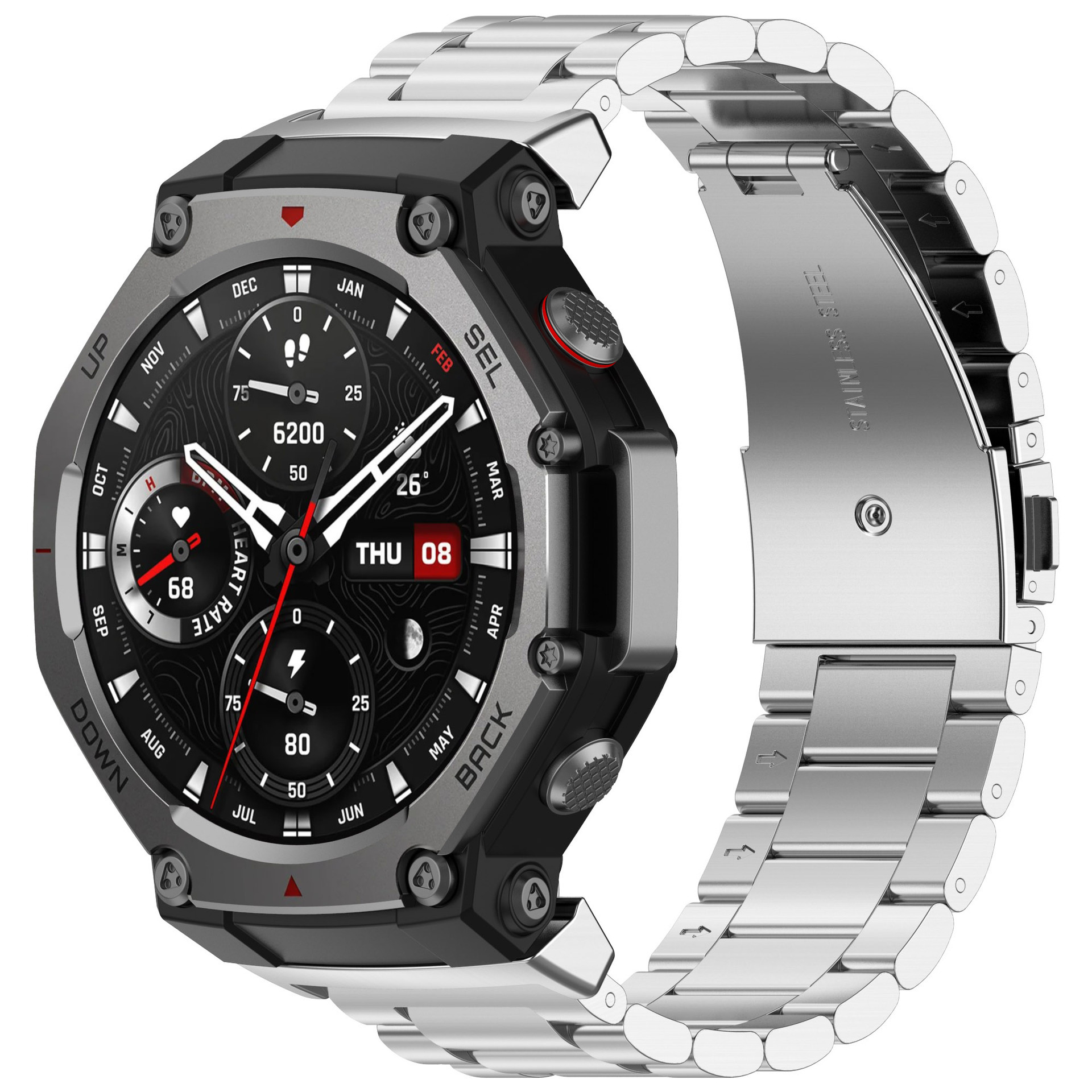 Eine silberne Smartwatch mit einem schwarz-grauen Gehäuse und einem silbernen Metallband. Der Bildschirm zeigt Daten an.