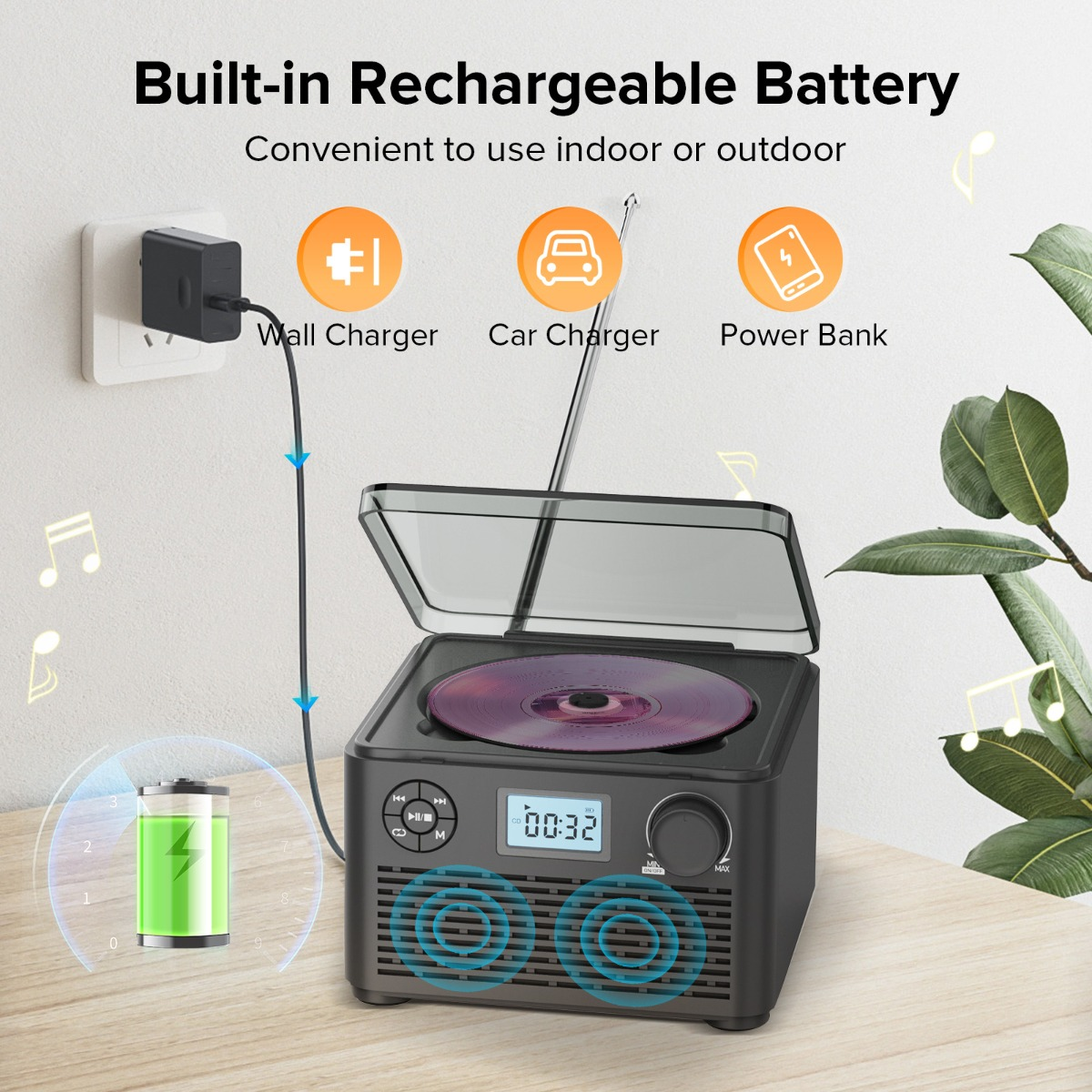 Schwarzer Radio-CD-Player mit CD. Es hat ein Display und Symbole, die verschiedene Funktionen zeigen.