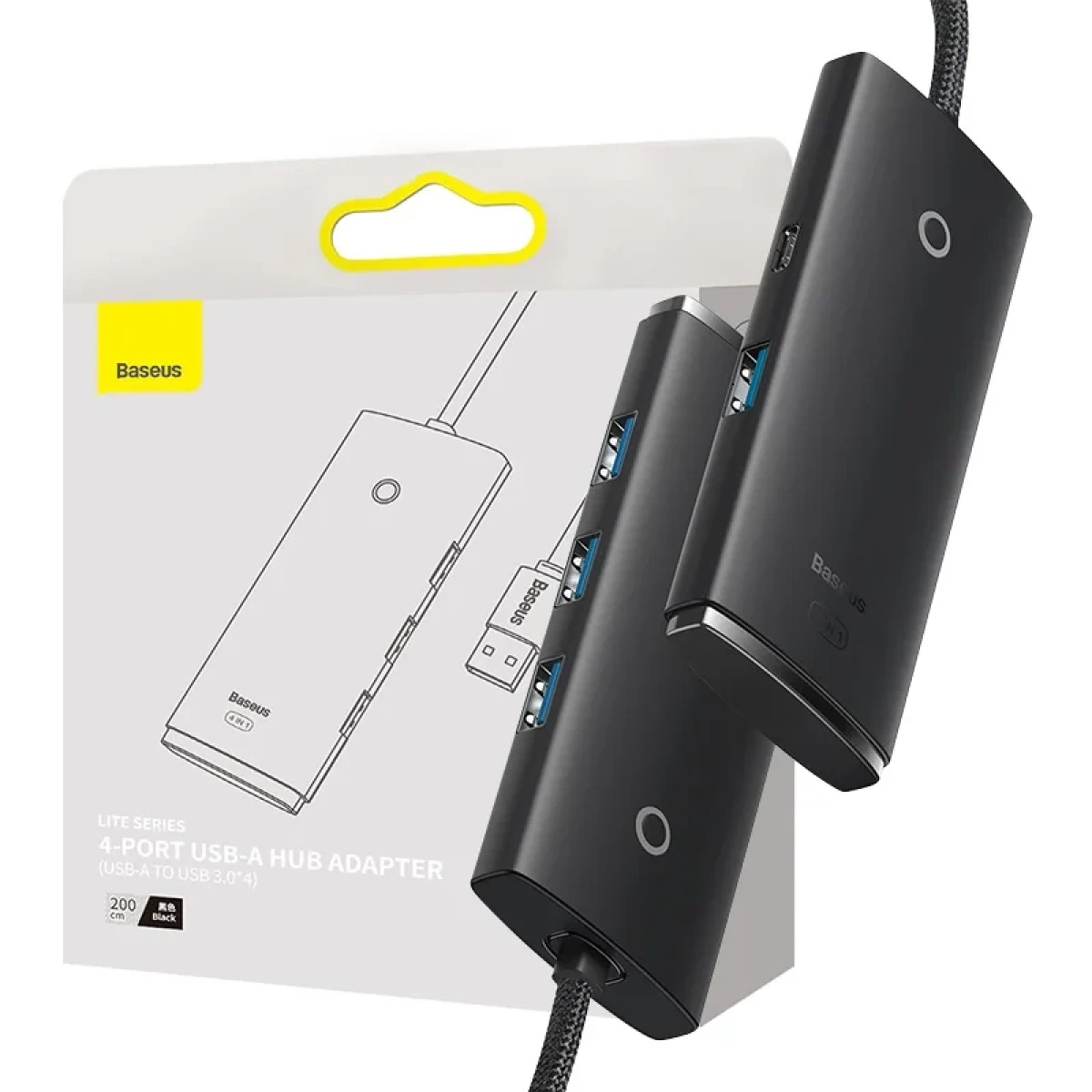 Ein Baseus 4-Port USB-A Hub-Adapter. Er ist schwarz und hat einen USB-A-Anschluss.