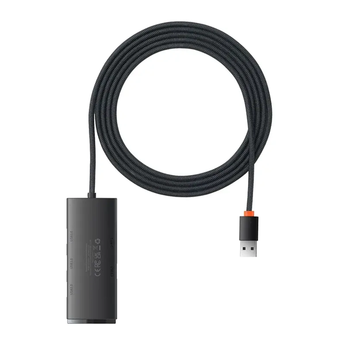 Ein USB-Kabel mit schwarzem Adapter und USB-Anschluss.