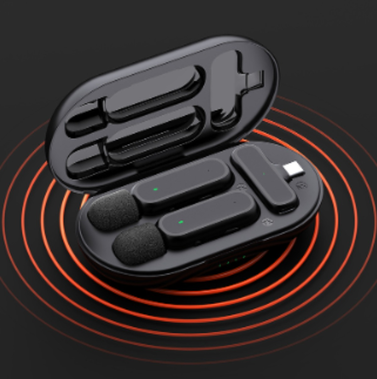 Ein schwarzes Gehäuse mit offenem Deckel, das ein Set schwarzer drahtloser Mikrofone und einen USB-C-Anschluss enthält.