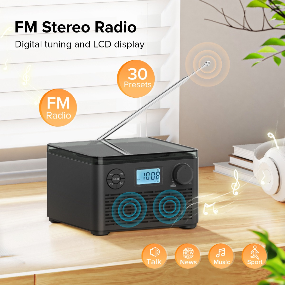 Ein schwarzes UKW-Radio mit Digitalanzeige und mehreren Tasten. Es gibt auch Noten.