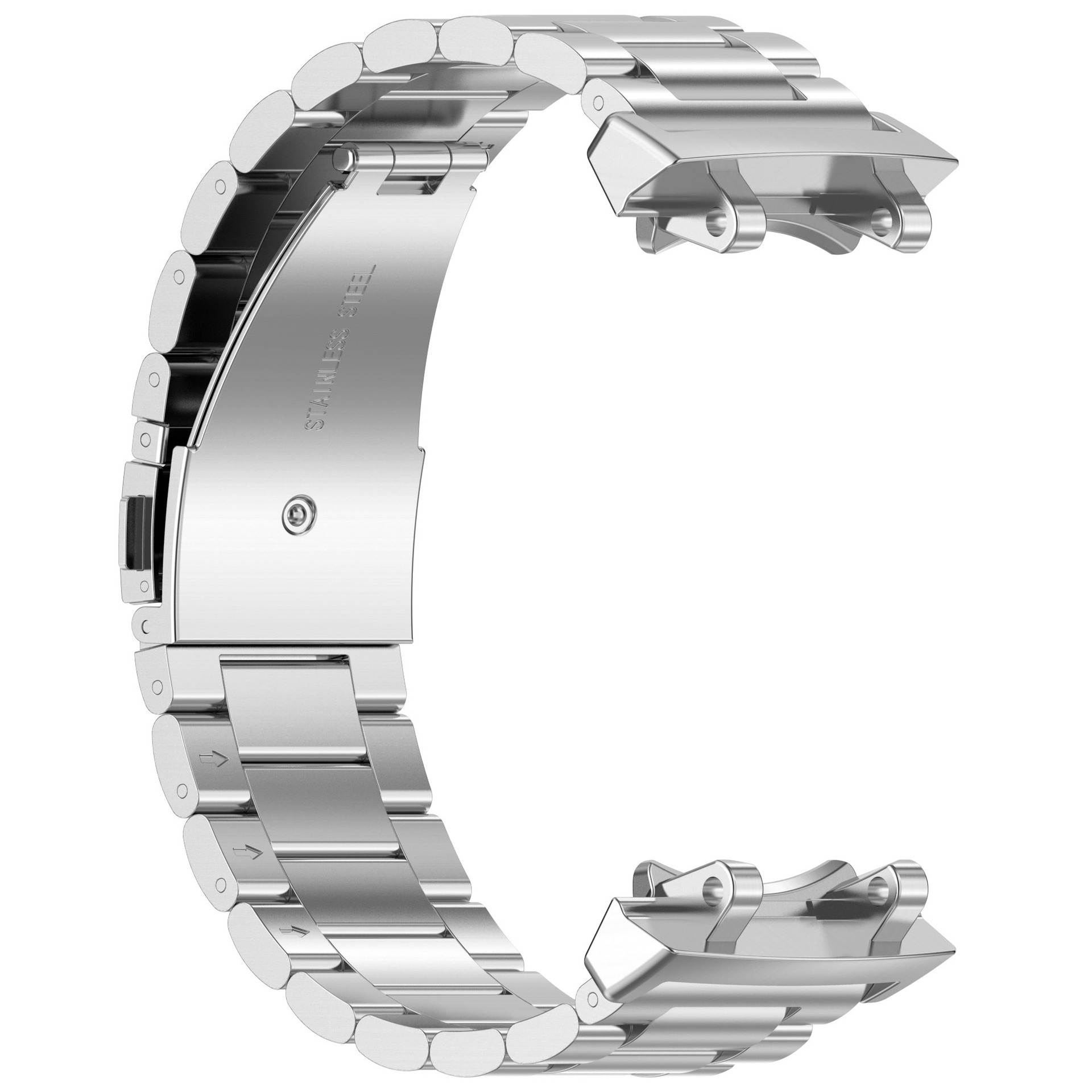 Ein glänzendes silbernes Uhrenarmband aus Metallgliedern mit Verschluss, Edelstahl ist aufgedruckt.