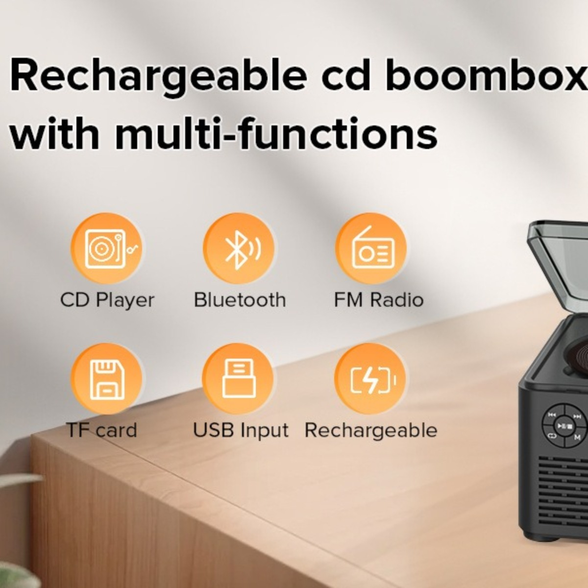 Wiederaufladbare CD-Boombox mit Multifunktionen. CD-Player, Bluetooth, UKW-Radio, TF-Karte, USB-Eingang.
