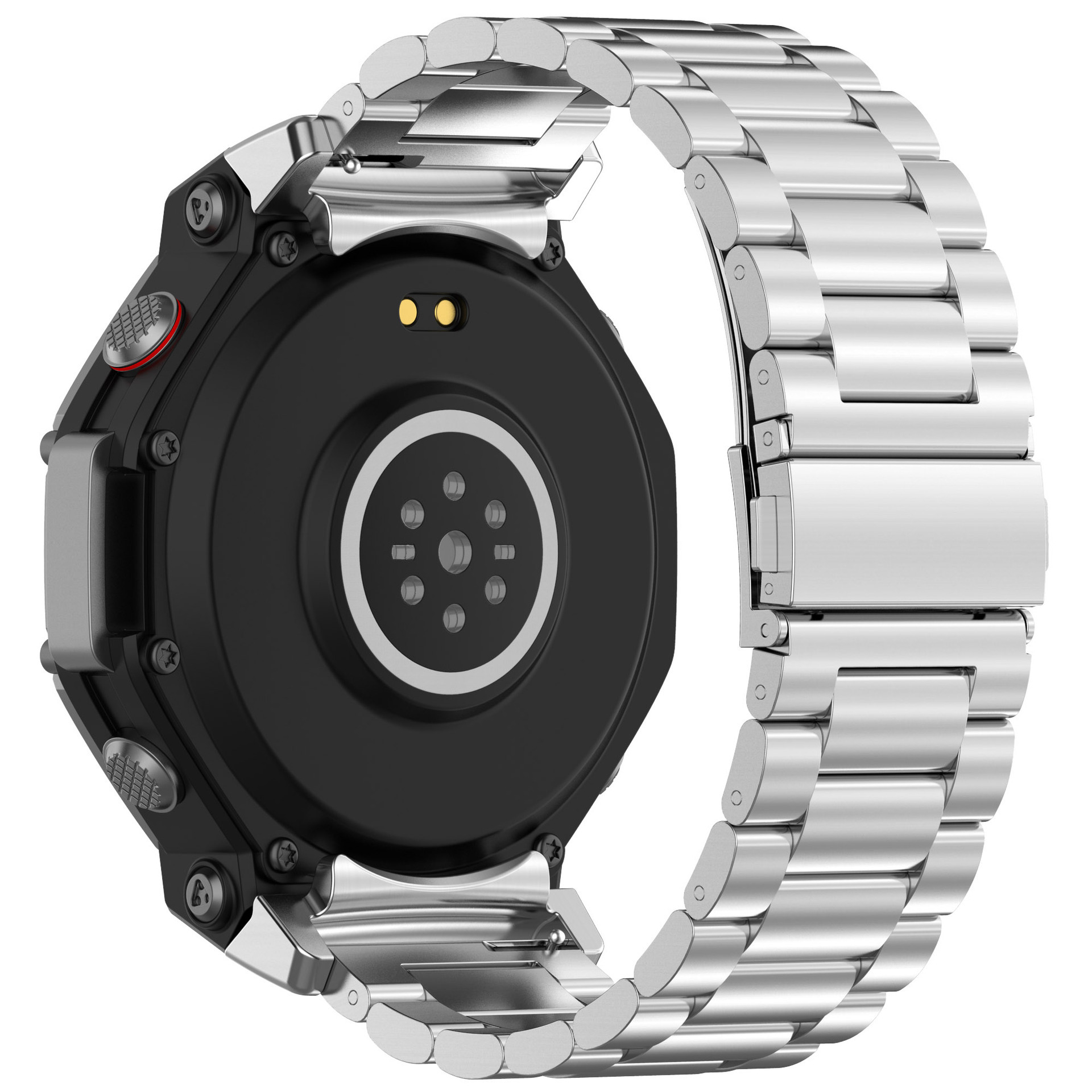 Smartwatch, Rückseite mit Herzfrequenzsensor und Metallarmband.
