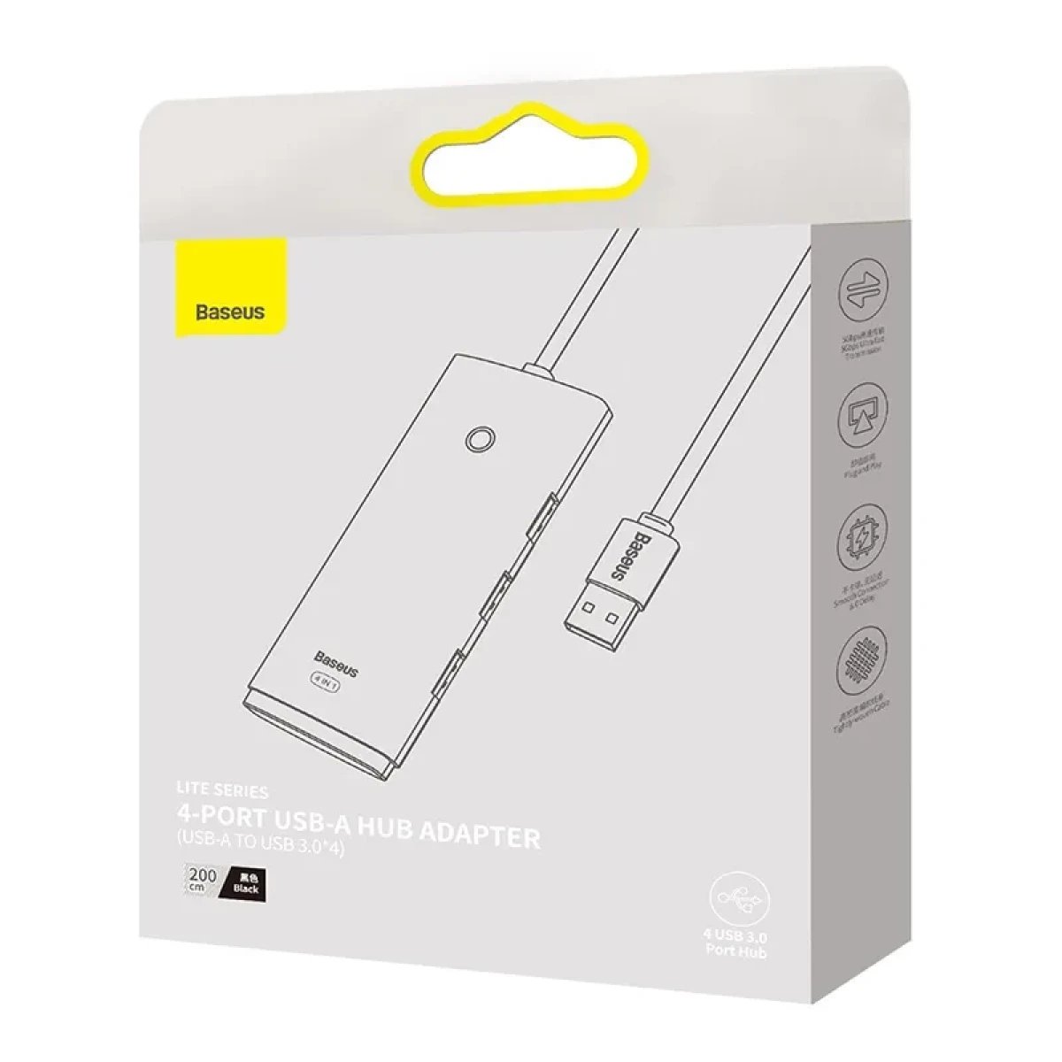 Weiße und graue Box mit einem USB-Hub. Sie hat Text und eine Zeichnung des Hubs und Kabels.