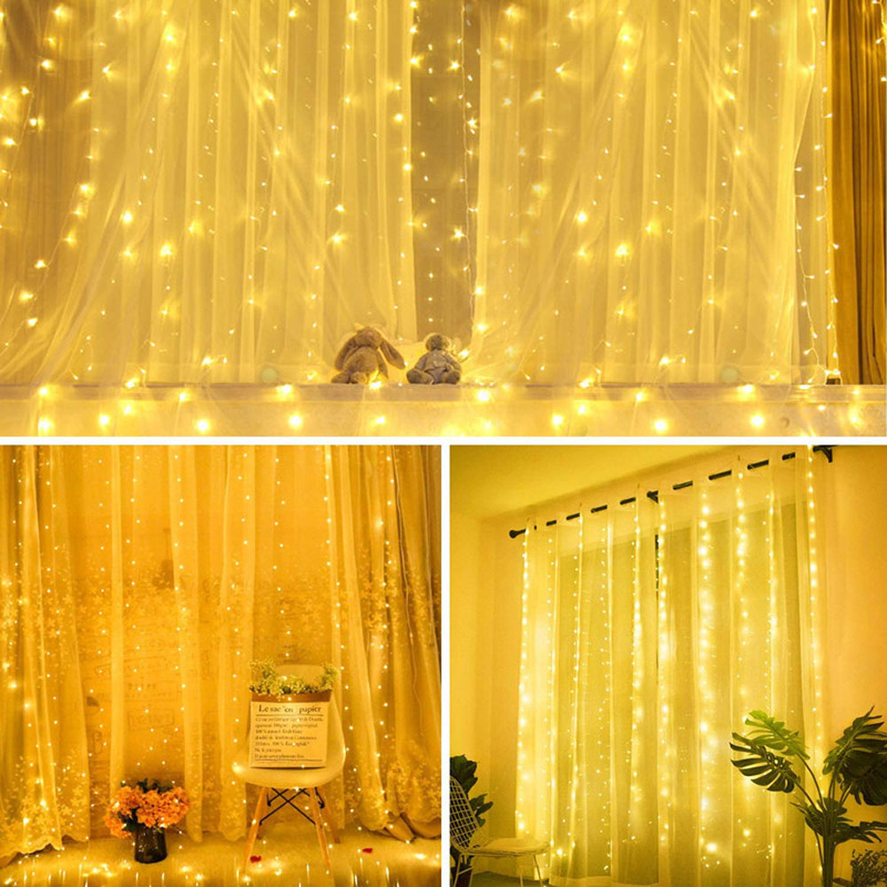 Drei Bilder von Lichterketten in einem Zuhause. Die Lichter sind warmgelb und schaffen gemütliche Szenen.