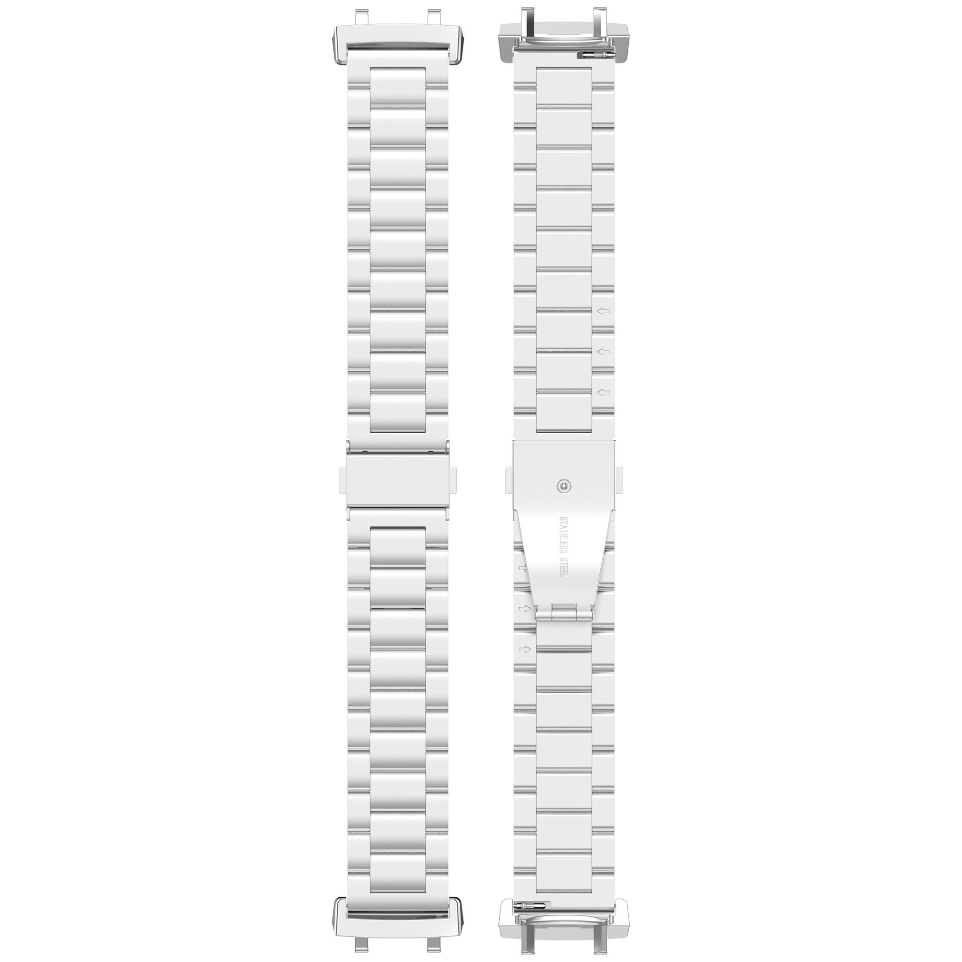 Zwei Uhrenarmbänder. Sie sind weiß, rechteckig und haben Metallverschlüsse. Text: Edelstahl.