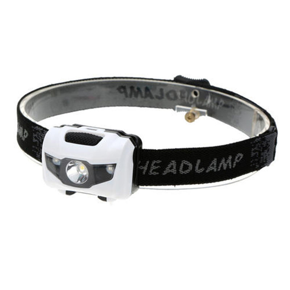 Weiß-schwarze Stirnlampe mit schwarzem Riemen. Das Wort 'HEADLAMP' ist sichtbar.