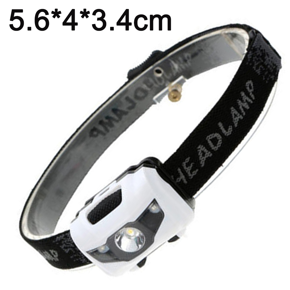 Stirnlampe auf weißem Hintergrund. Weiß und schwarz. Text: HEADLAMP. Abmessungen sind angegeben.