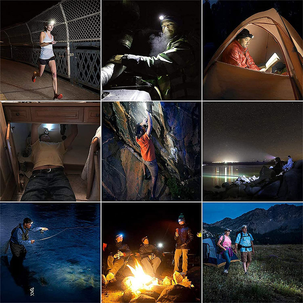 Mehrere Bilder mit Menschen, die Stirnlampen für Aktivitäten wie Laufen, Klettern und Camping verwenden.