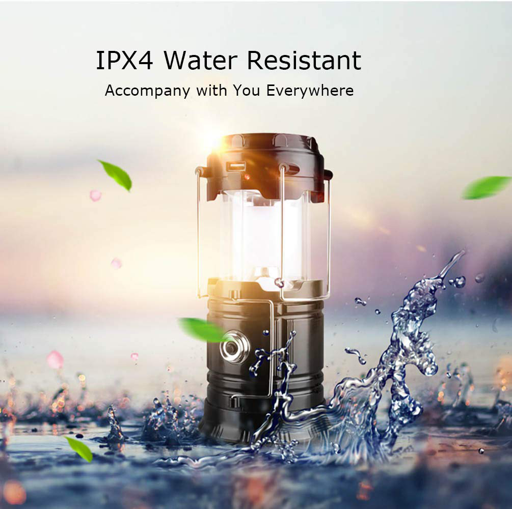 Laterne mit Licht, mit Wasserspritzeffekt. Text: IPX4 Wasserfest.