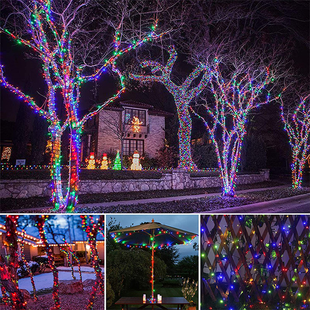 Bäume mit bunten Weihnachtslichtern und zusätzlichen Bildern von Lichtern auf Bäumen, einem Schirm und einem Zaun.